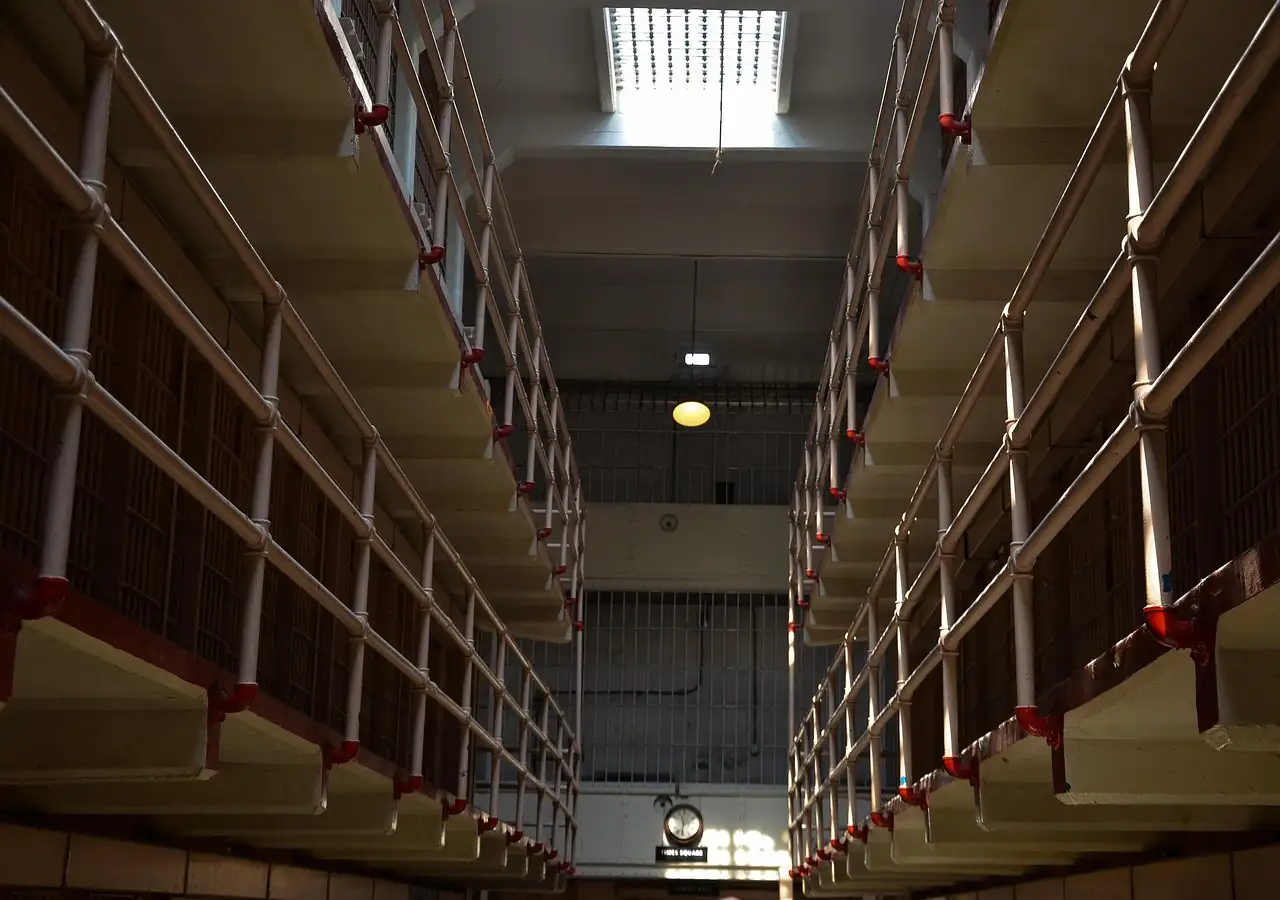 Two tiers of cells facing each other inside the Alcatraz prison