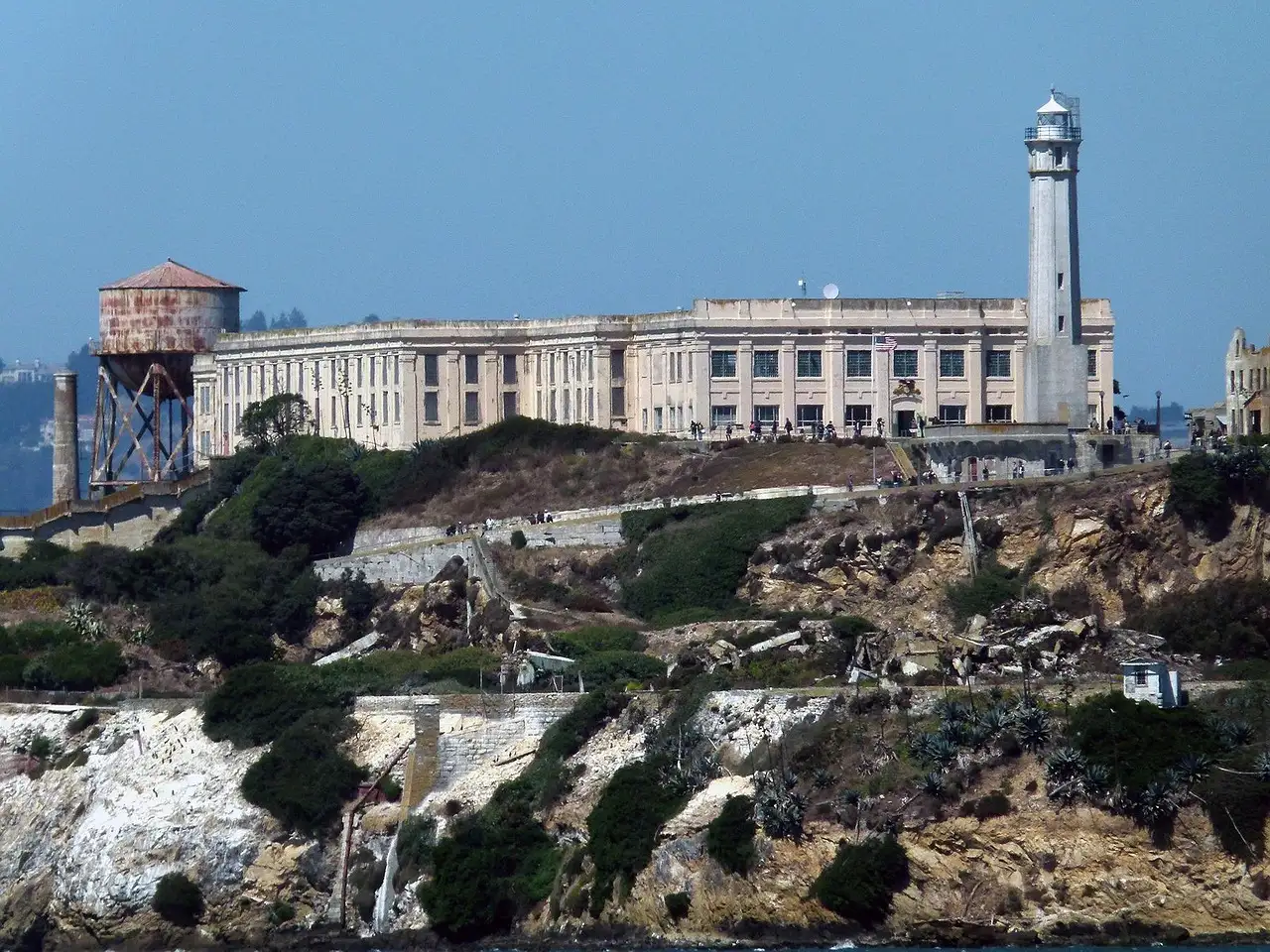 The Alcatraz cellhouse, water tower and lighthouse on top of the island