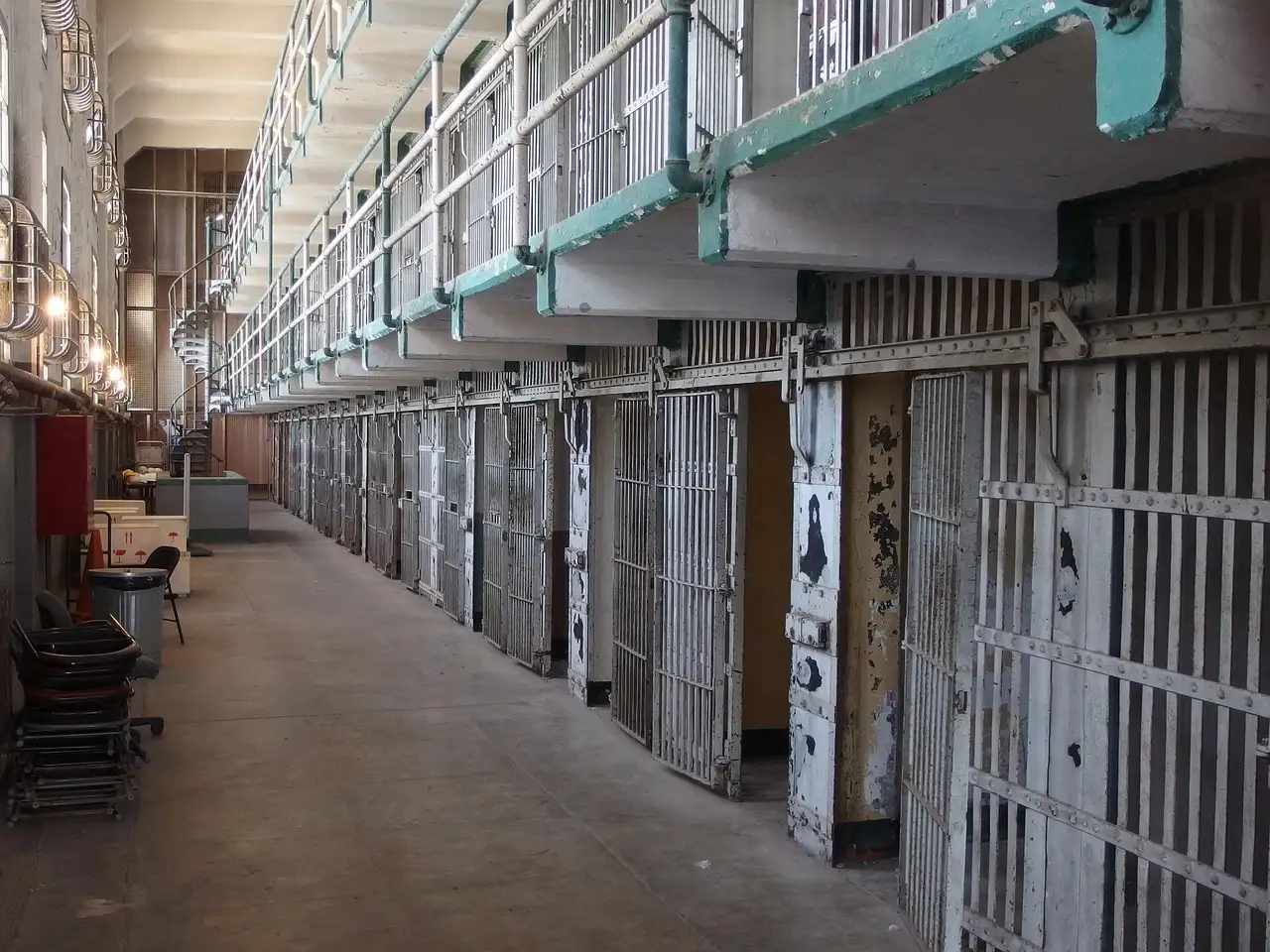A corridor of cells inside the Alcatraz cellhouse