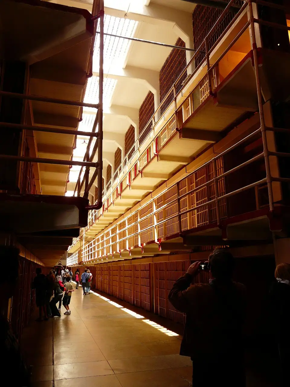 A long hallway between cell blocks in Alcatraz