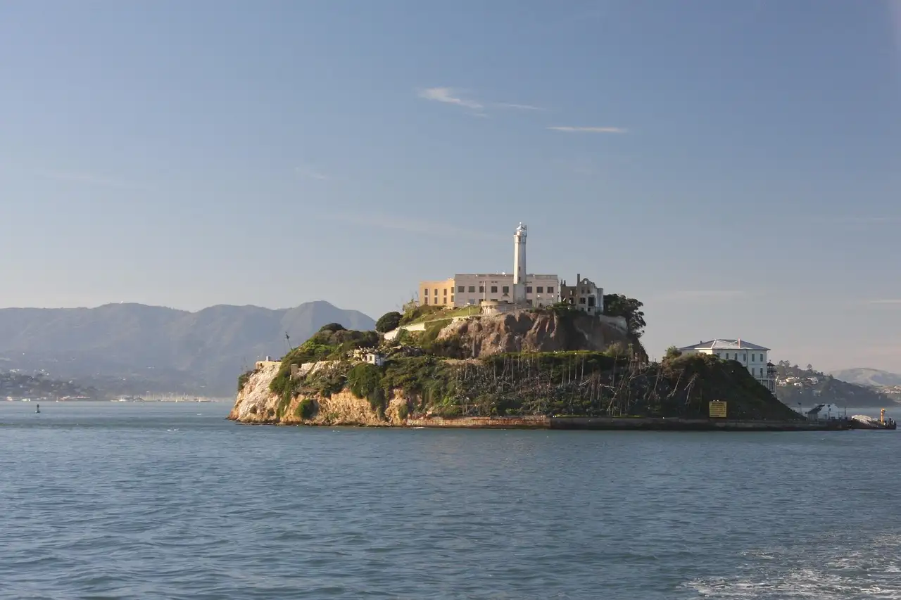 Alcatraz Island in soft afternoon light, seen from a boat