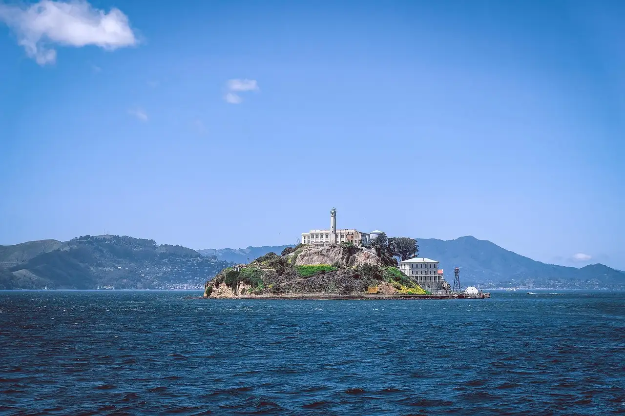 Alcatraz Island under a deep blue sky