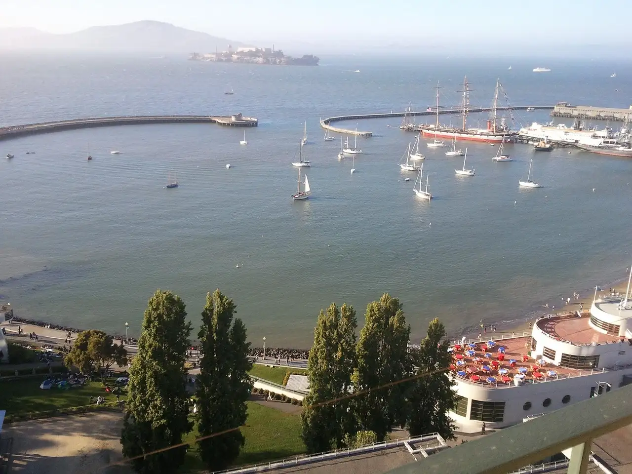 Aquatic Park and the bay seen from above, with Alcatraz in the distance