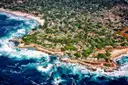 Carmel-by-the-Sea from the air: houses among trees along the rocky shore