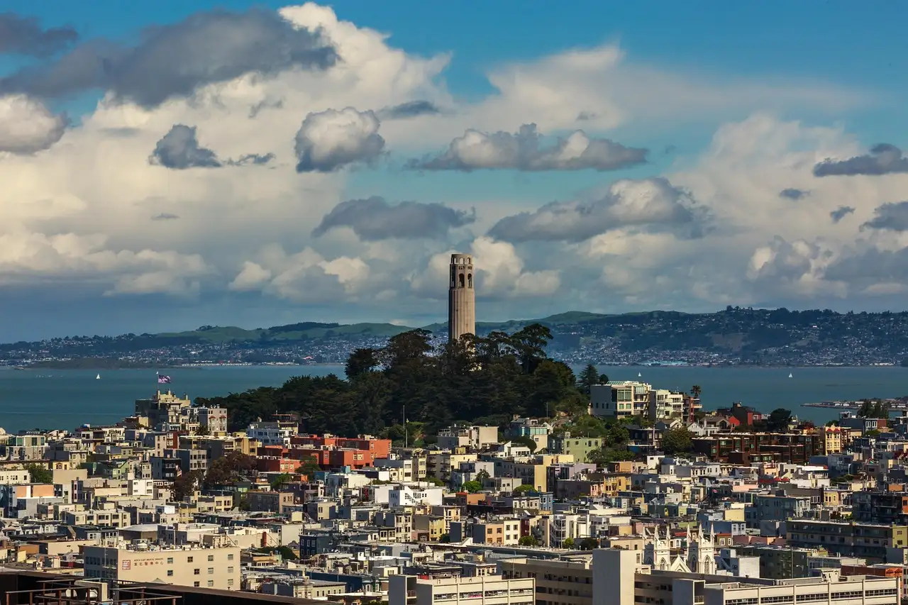 Coit Tower on Telegraph Hill above North Beach and the bay