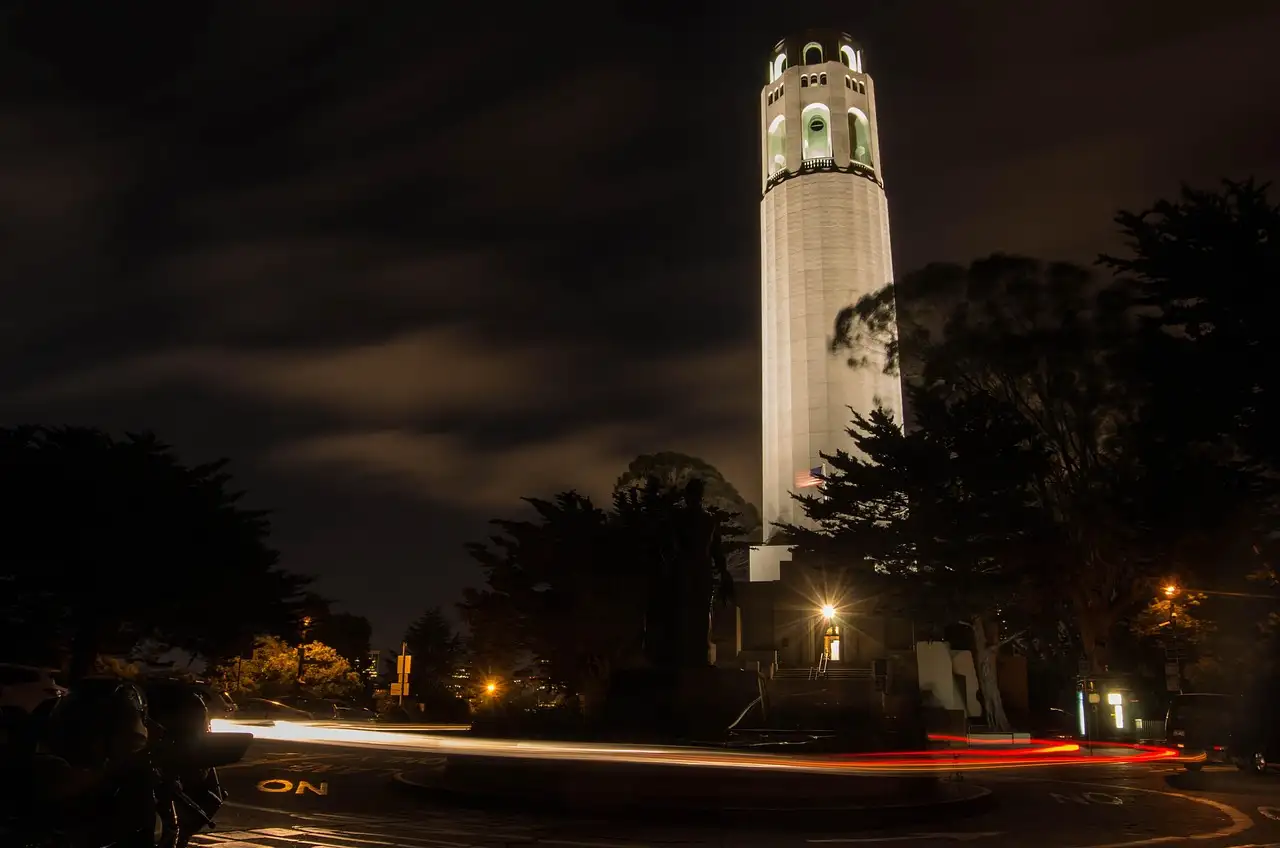 Coit Tower lit up at night