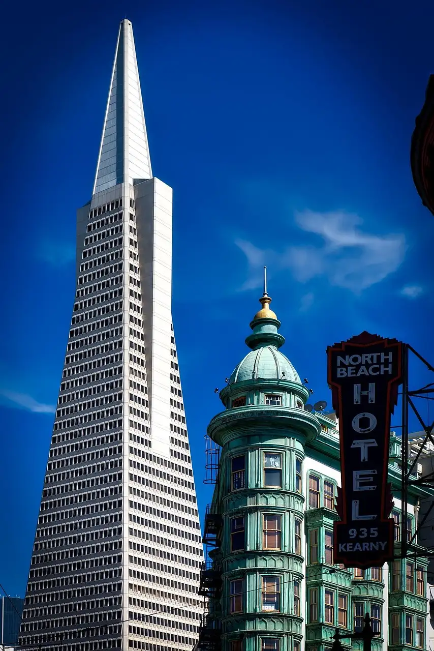 Columbus Tower and the Transamerica Pyramid where North Beach meets downtown