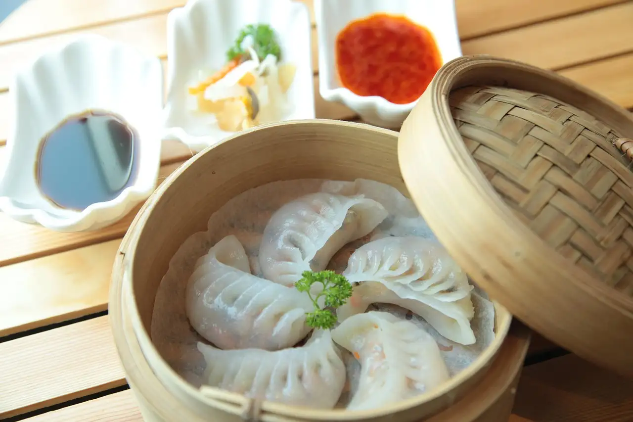 Dumplings in an open bamboo basket