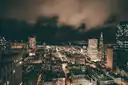 Downtown San Francisco at night under low clouds