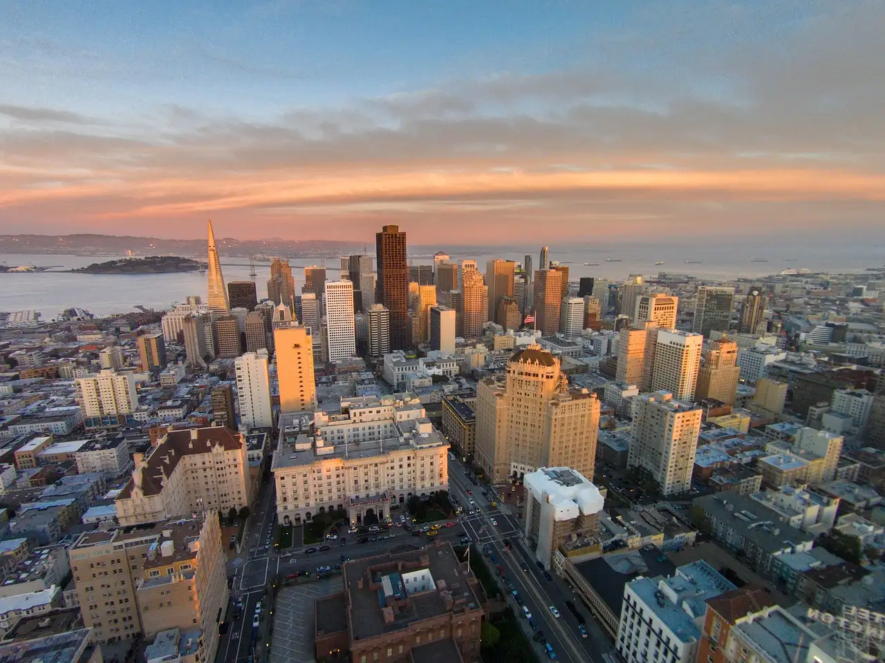 Downtown San Francisco in evening light, the skyline the sunset bus passes