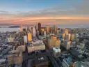 Downtown San Francisco in evening light, the skyline the sunset bus passes