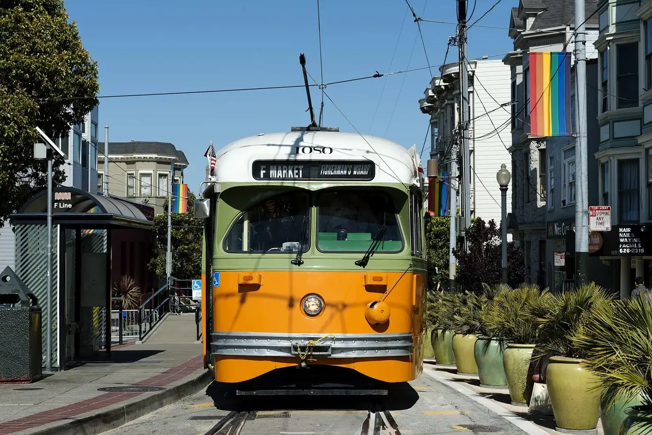 A vintage F-line streetcar on a San Francisco street