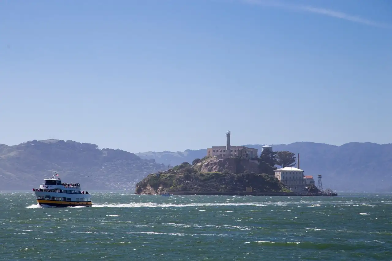 A ferry crossing the bay toward Alcatraz Island