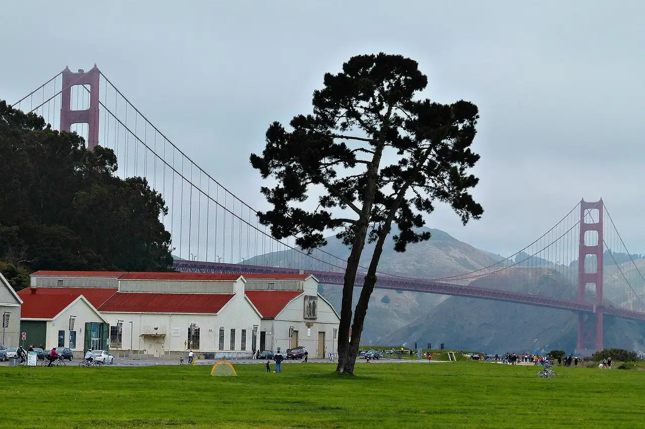 The lawns near Fort Point and the Presidio, with the Golden Gate Bridge behind