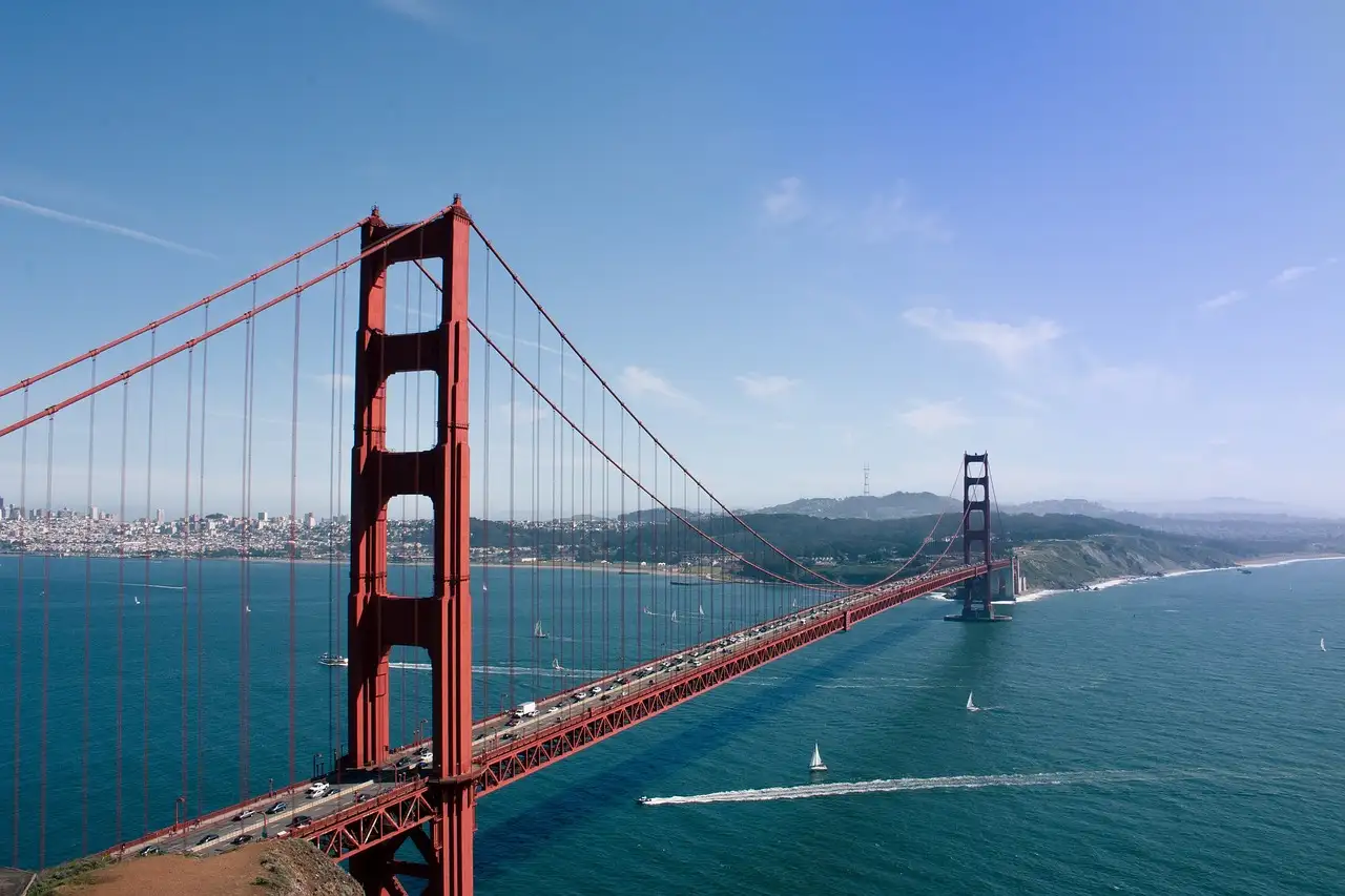 The Golden Gate Bridge and the bay seen from high above