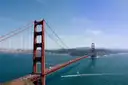 The Golden Gate Bridge and the bay seen from high above
