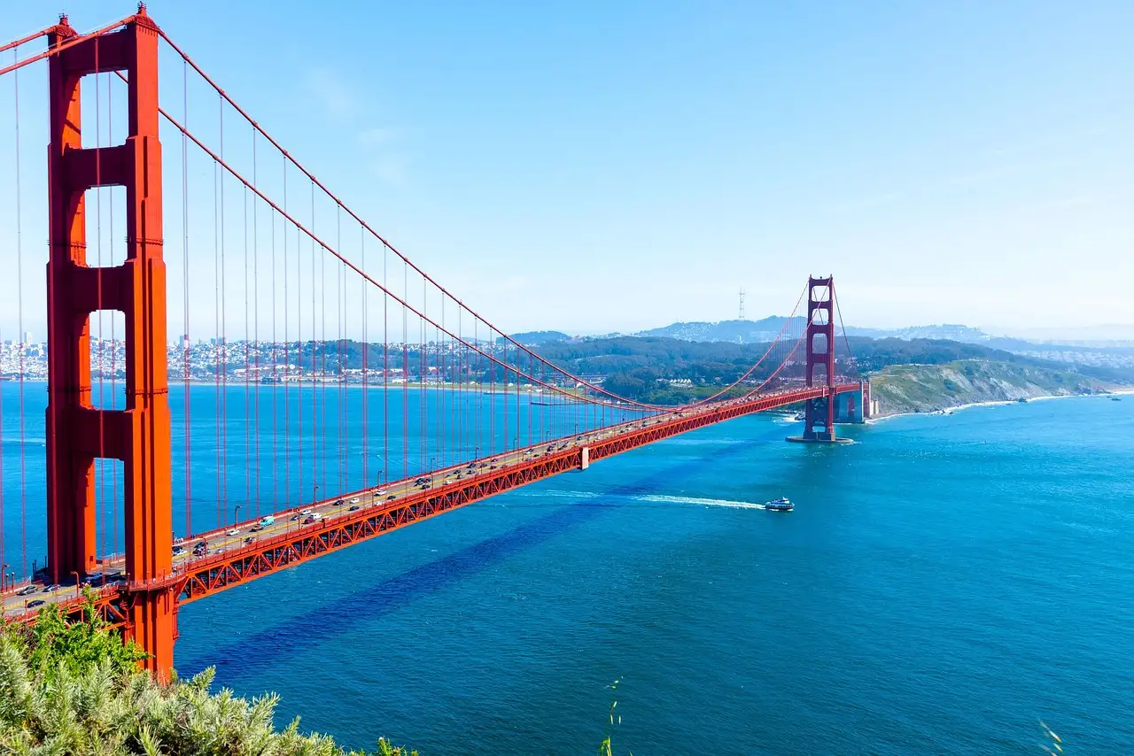 The Golden Gate Bridge from the Marin Headlands, with the bay and the city behind it on a clear day