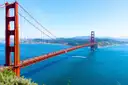 The Golden Gate Bridge from the Marin Headlands, with the bay and the city behind it on a clear day