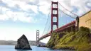 The Golden Gate Bridge seen from the water's edge on the north shore