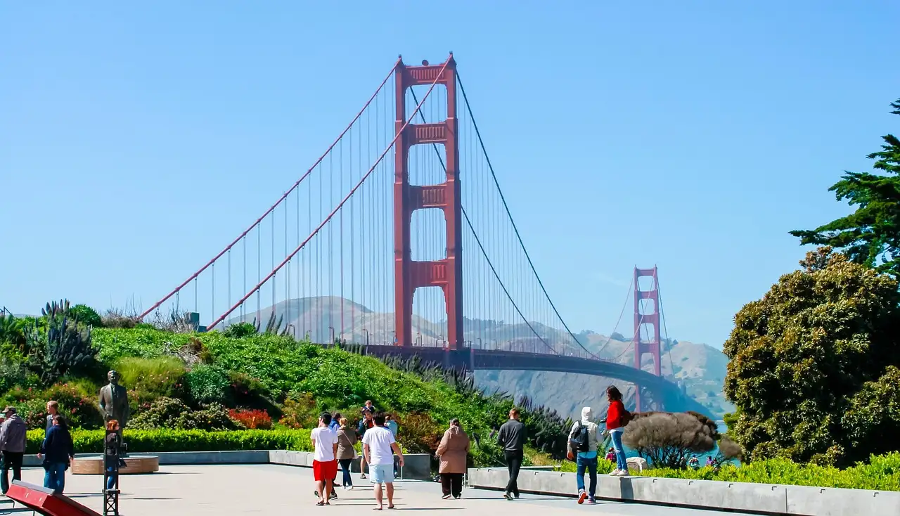 Visitors on the plaza at the south end of the Golden Gate Bridge
