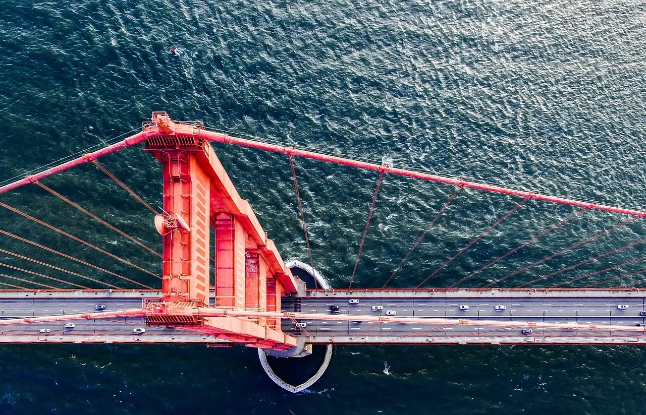 A Golden Gate Bridge tower seen from directly above