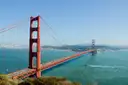 The Golden Gate Bridge from a lookout point, with the city across the water