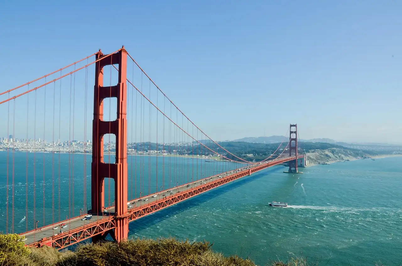 The Golden Gate Bridge from a lookout point, with the city across the water