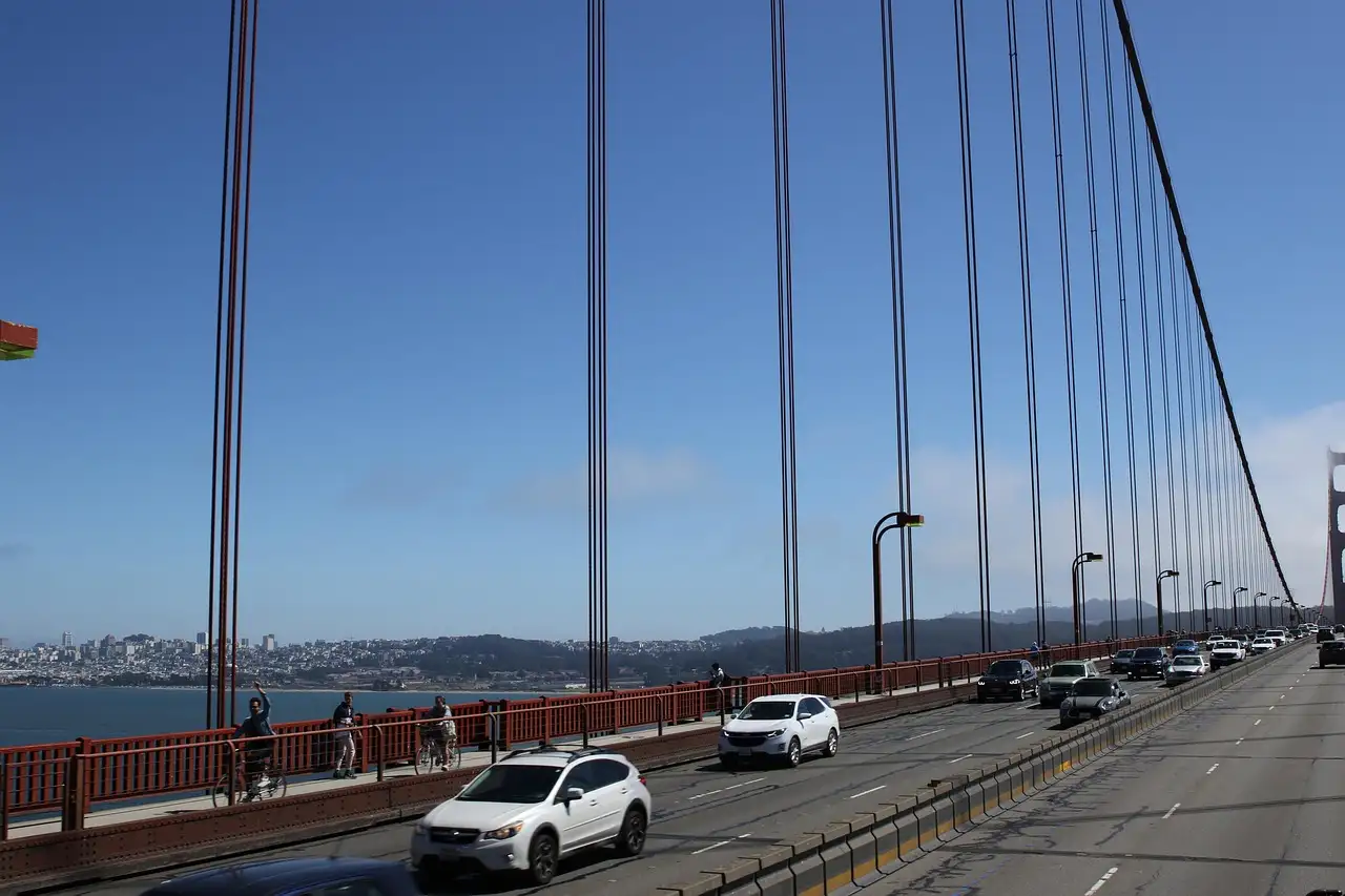 Looking along the Golden Gate Bridge's roadway and walkway
