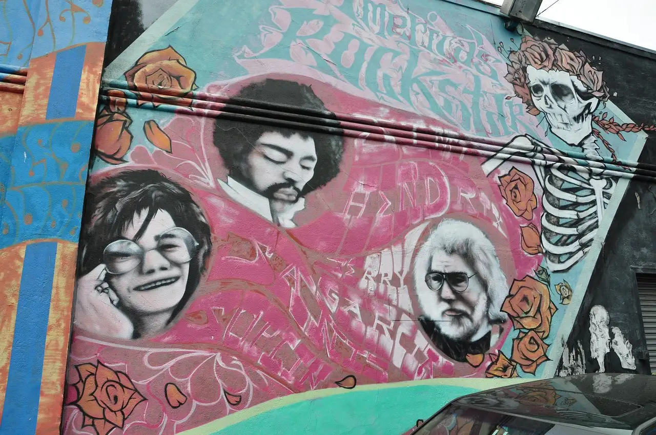 A large music-history mural on a wall in Haight-Ashbury