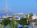 A tall ship at Hyde Street Pier, Fisherman's Wharf, with Alcatraz behind