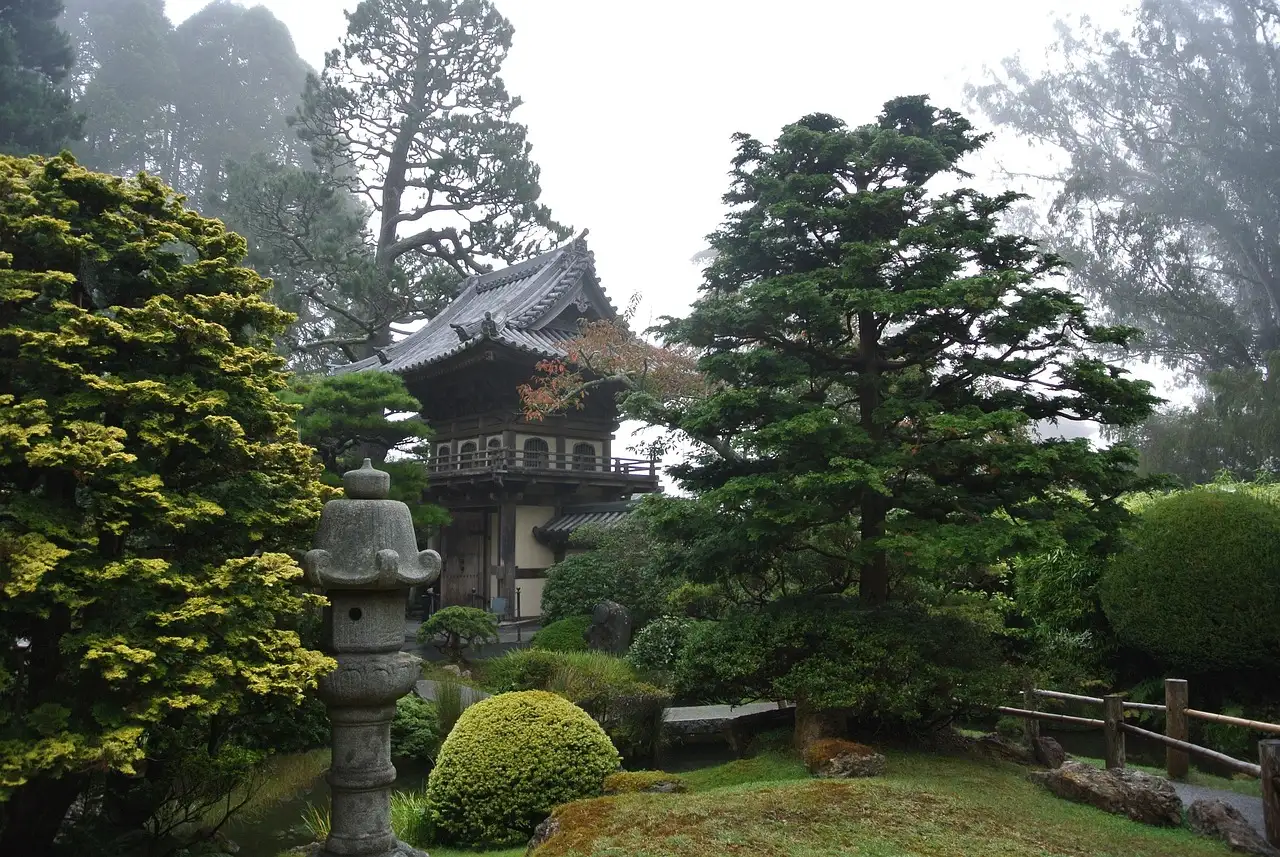 The pagoda and gardens of the Japanese Tea Garden in Golden Gate Park