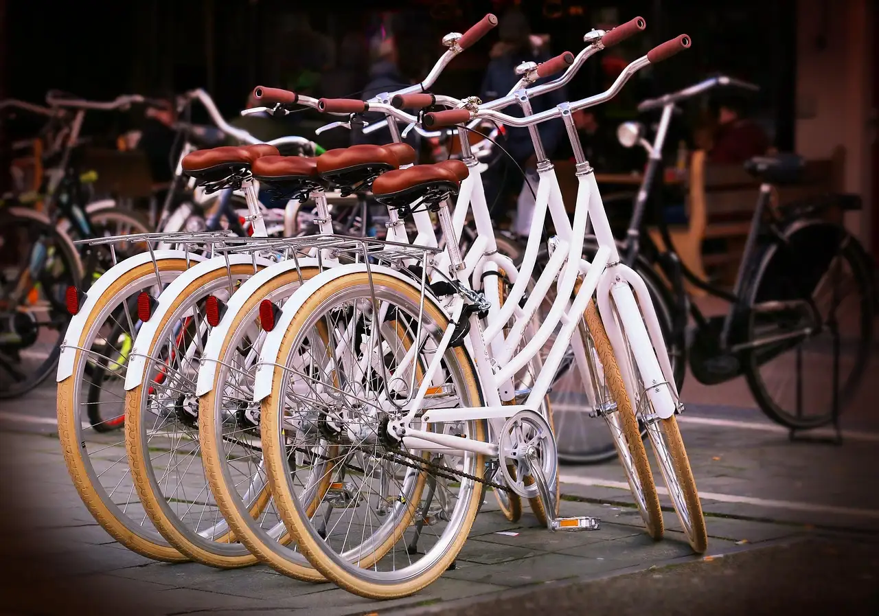 A row of white city bicycles parked together