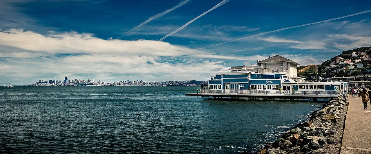 The ferry pier in Sausalito, with San Francisco across the bay