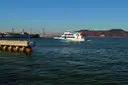 A sightseeing boat on San Francisco Bay with the Golden Gate Bridge behind it
