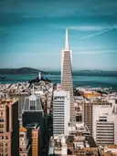 The Transamerica Pyramid and downtown towers with the bay behind