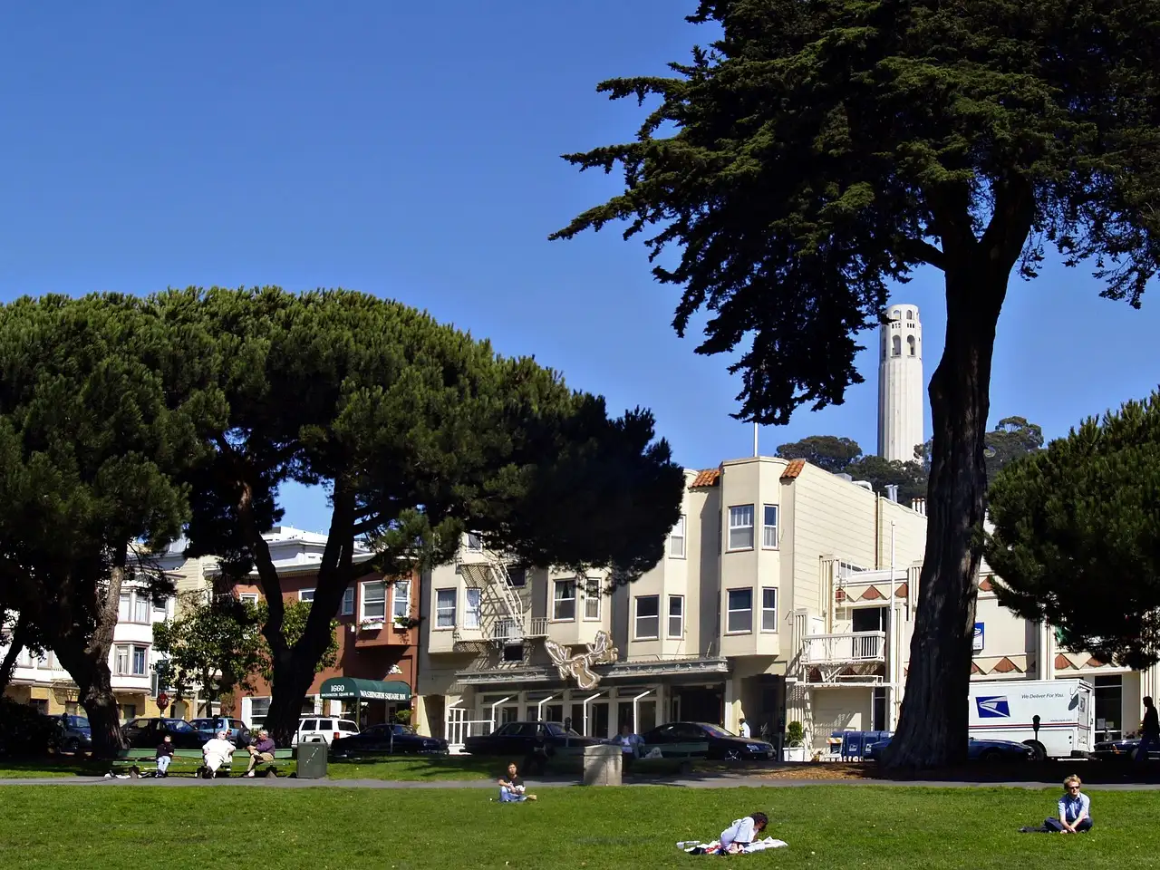 Washington Square park in North Beach, with Saints Peter and Paul Church