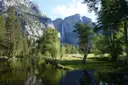 Yosemite Falls above the Merced River and meadow