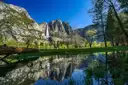 Yosemite Falls reflected in a meadow pond